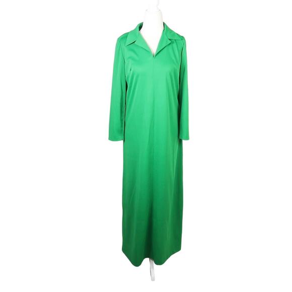 Vintage 70s kelly green long sleeve collared maxi dress M - Picture 1 of 4